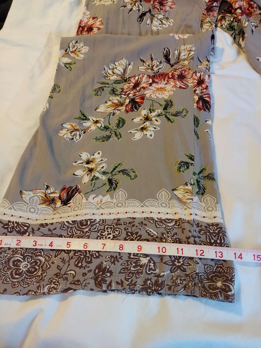 Angie Boho Wide Leg Floral Pants in Taupe with Pink & Green Accents - Picture 7 of 9